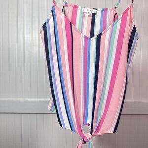 E&M Striped Cami Tank Top Women's Size M V-Neck Knot Front Sleeveless Blouse